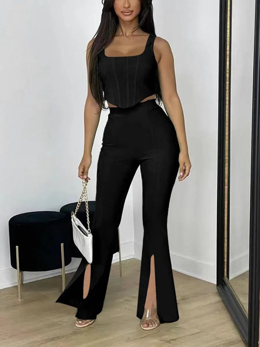 Tank Crop Top + Wide-Leg Pants - Elegant Two-Piece Tracksuit For Women