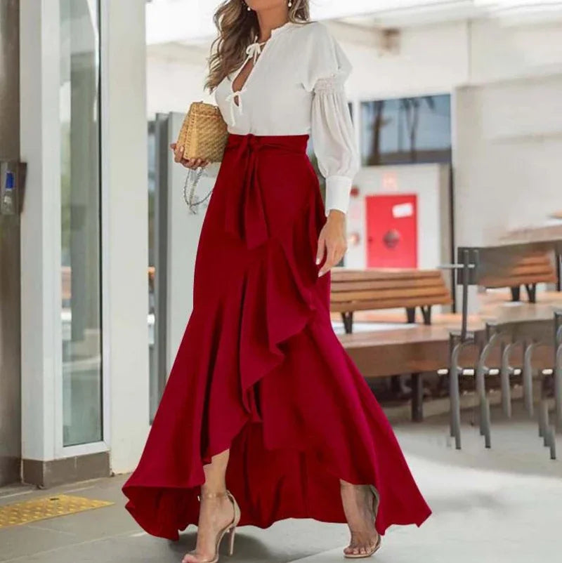 Ruffle-Hem Casual Elastic-Waist Mermaid Maxi Skirt