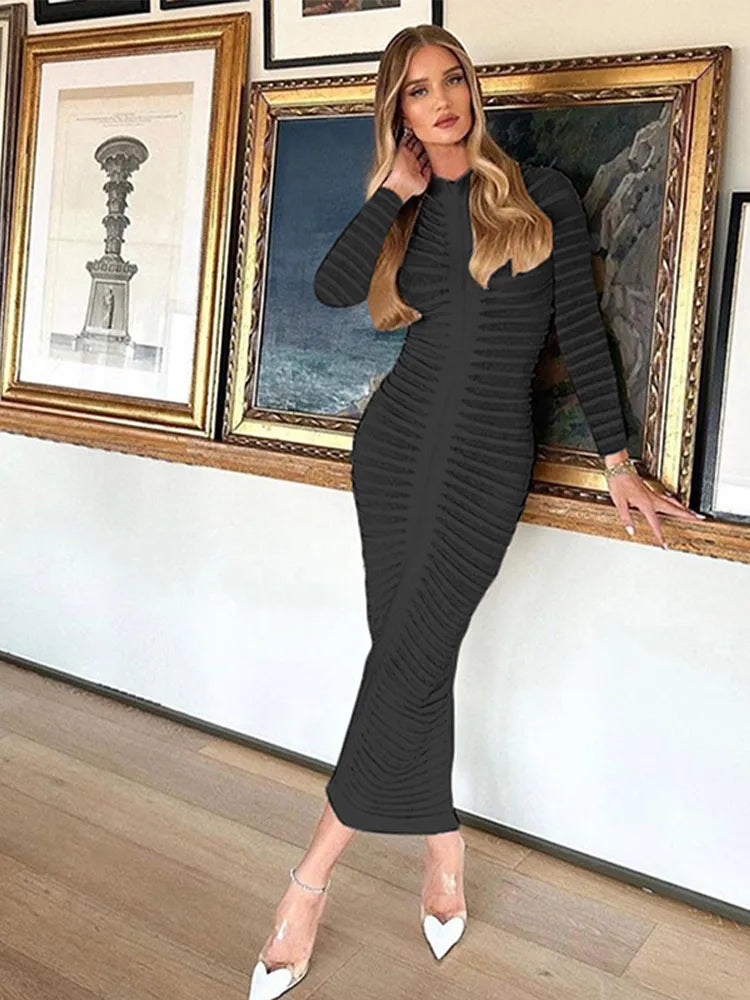 Sexy Knitted Long-Sleeve  Hip Package Slim Midi Elegant Dress