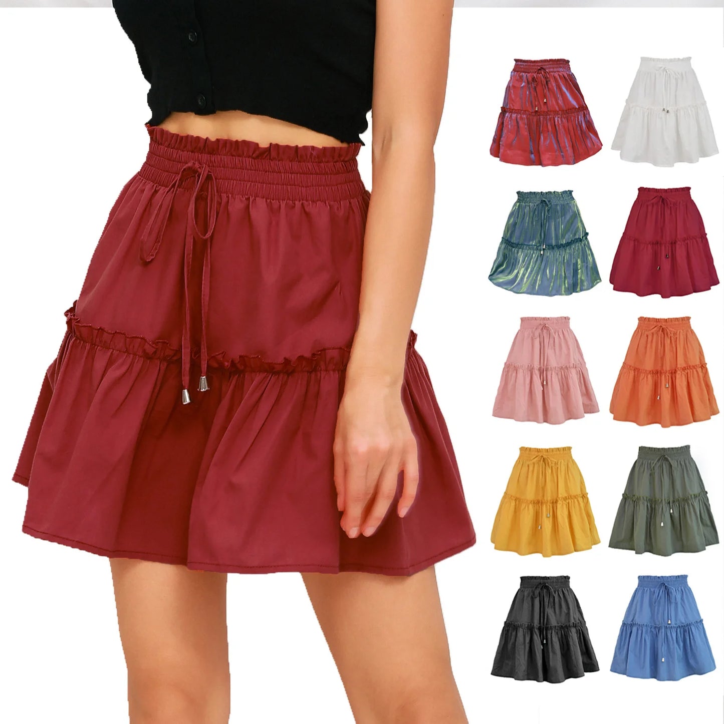 Elastic-Waist Summer Ruffles Mini Skirt