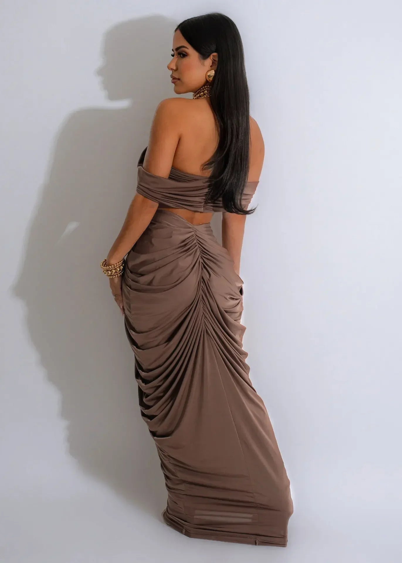 Sexy Party Night Ruched Maxi Dress Sets for Women Two Piece Set Sexy Club Outfits Slash Neck Crop Top + Long Skirt Matching Sets