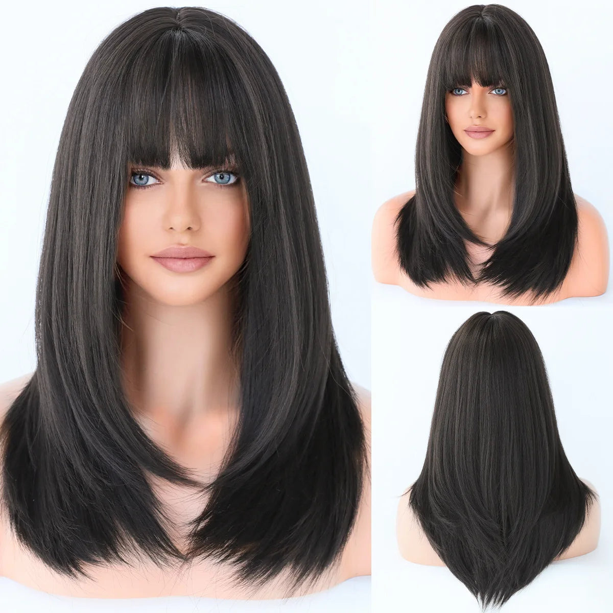 22“ Long Omber 3Style Black Brown Straight Women’s Cosplay Hair Wig
