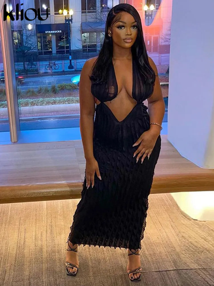 Kliou Solid Elegant Halter Maxi Dress - Sexy Cleavage Deep V-Neck Backless Skinny Robe