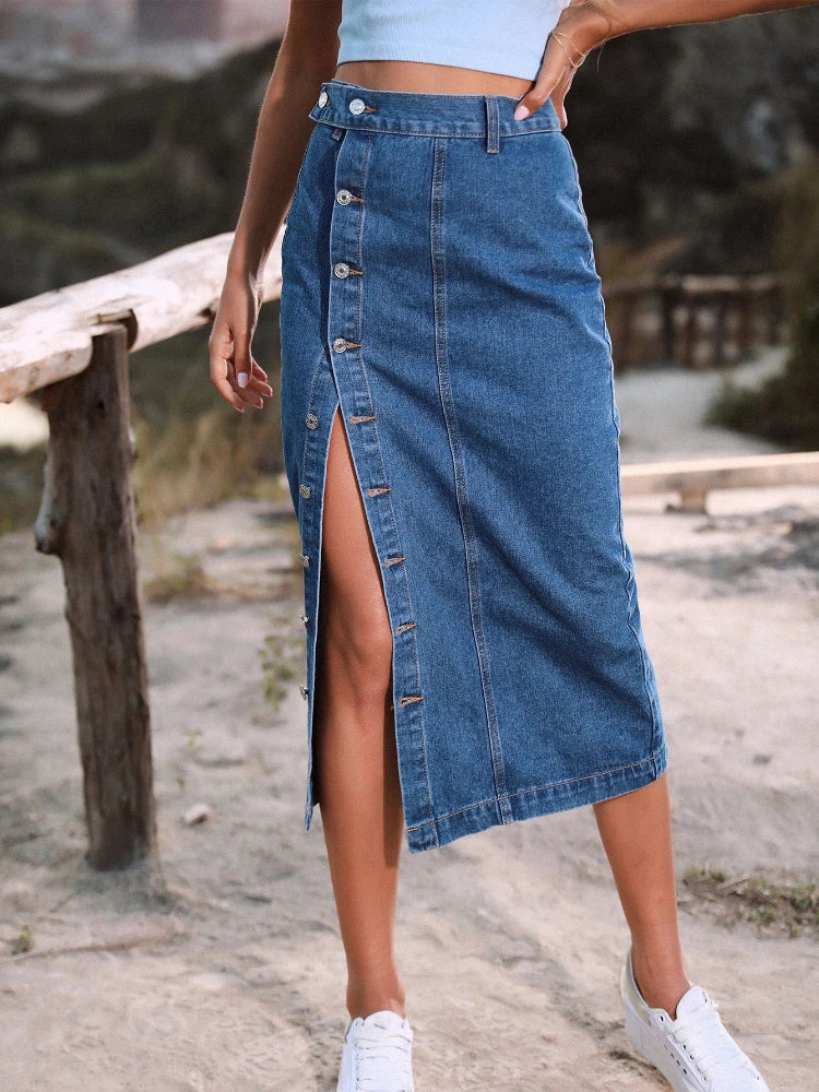 A-Line Button Side-Split High-Waist Denim Skirt