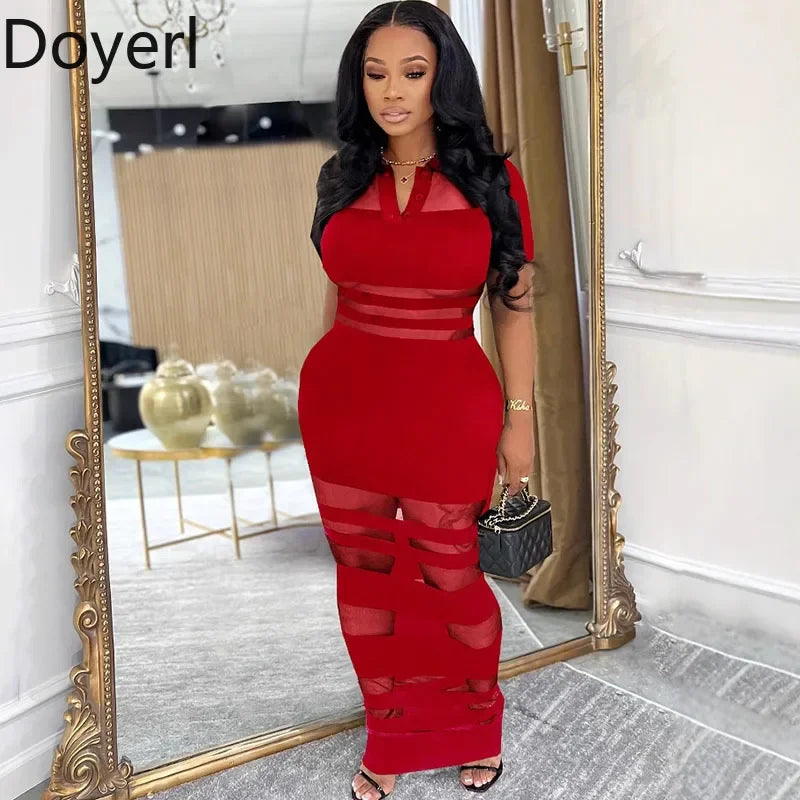 Doyerl See Through Mesh Patchwork Bodycon Maxi Dress Women Night Out Club Party Short Sleeve Polo Collar Sheath Long Dresses