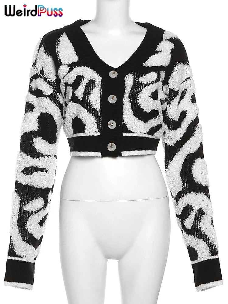 Weird Puss y2k Sweet Cardigan Sweater Women V-Neck Button Autumn Stylish Casual Long Sleeve Warm Wild Streetwear Knit Jumper