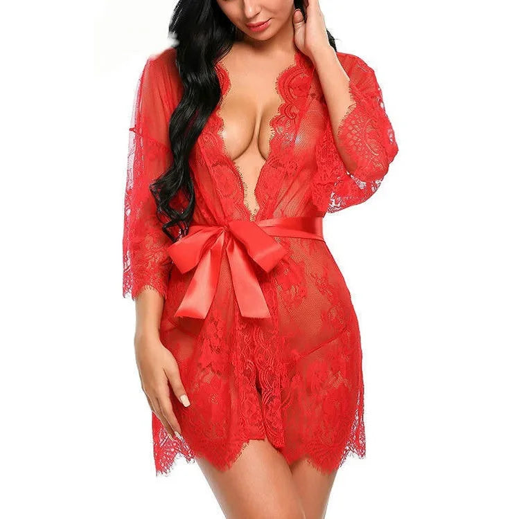 Sexy Lace Nightgown Robe Set for Women Sheer V Neck Lingerie Babydoll Dress with Kimono Gown and Thong Six Elegant Styles