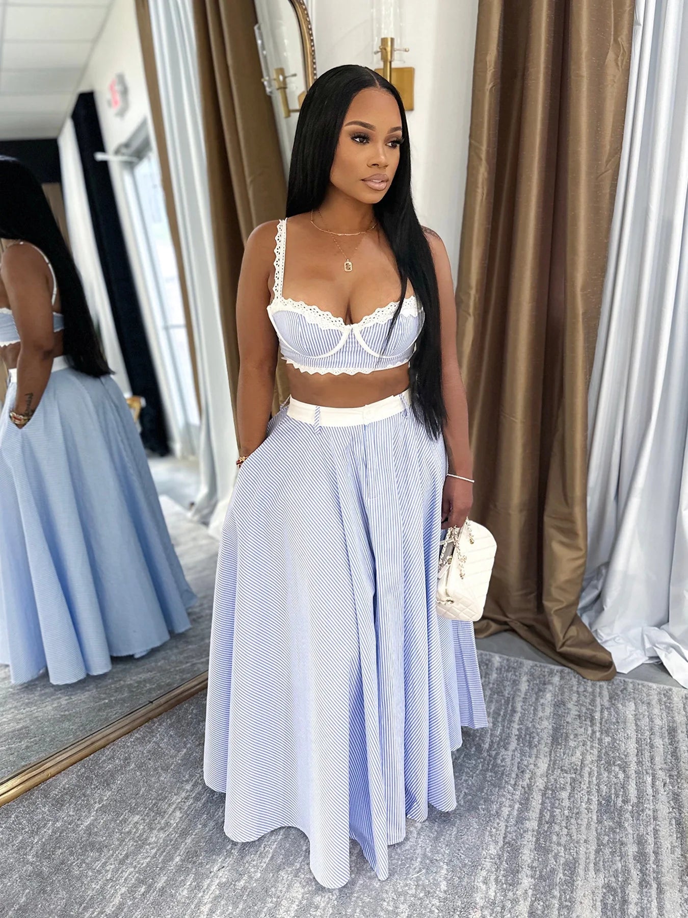 FAGADOER Elegant Lace Patchwork 2 Pieces Set for Woman Spaghetti Strap Stripes Camisole and Skirt Female Streetwear Vestidos New