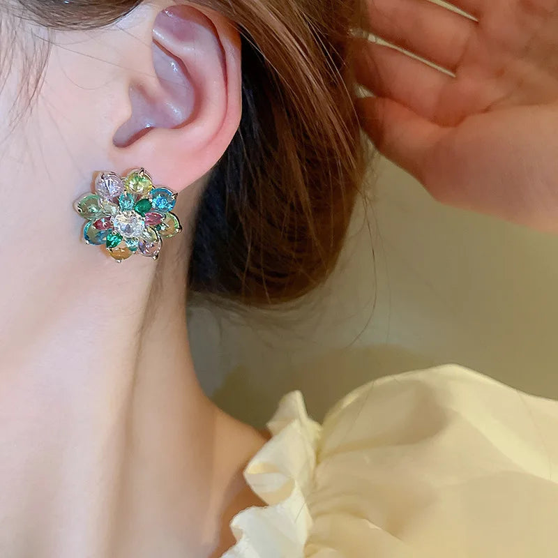 Exquisite Colourful Cubic Zirconia Flower Earrings