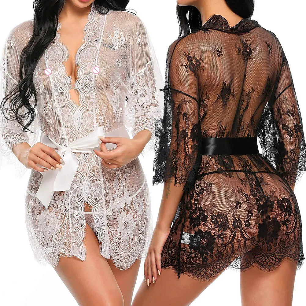 Bandage Deep V G-String See-Through Sexy Sheer Lingerie Sleep Dress Robe