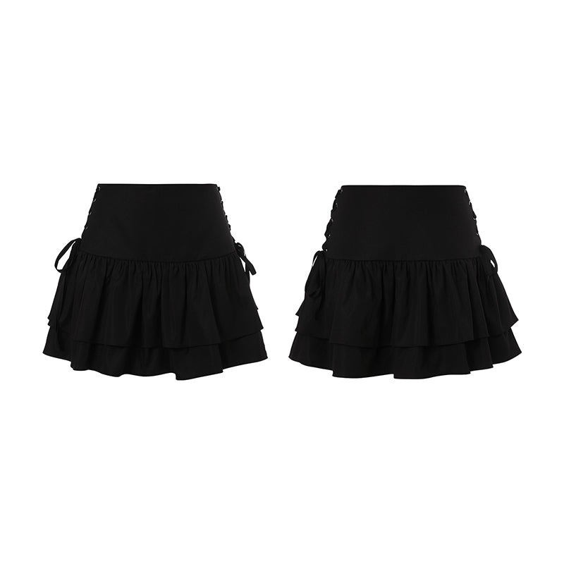 Women’s Ruffle Black Mini Skirt A-line High Waist Slim Sexy Short Skirt Summer Criss Cross Bow Tie Up Hot Sweet y2k Streetwear