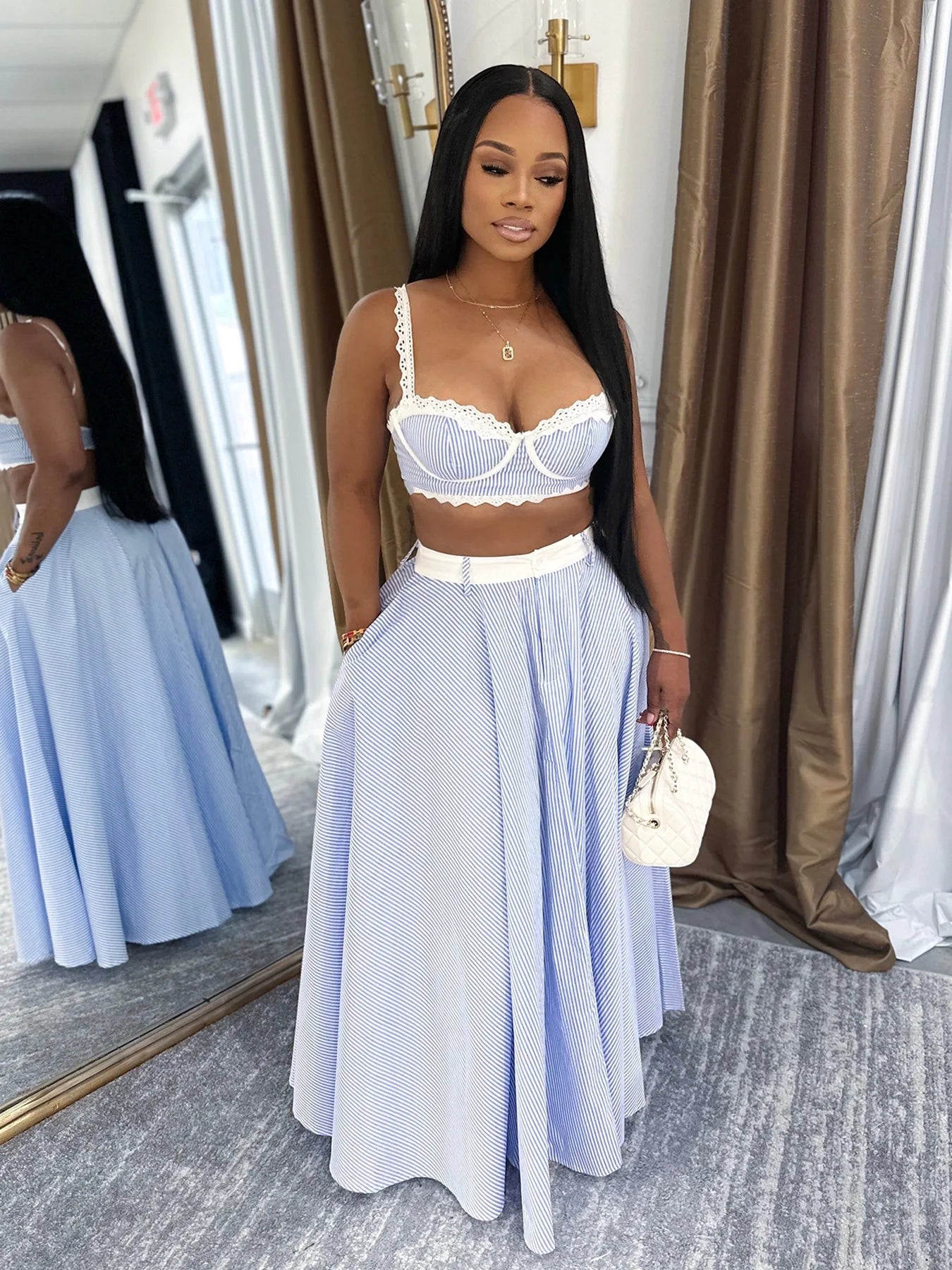 FAGADOER Elegant Lace Patchwork 2 Pieces Set for Woman Spaghetti Strap Stripes Camisole and Skirt Female Streetwear Vestidos New