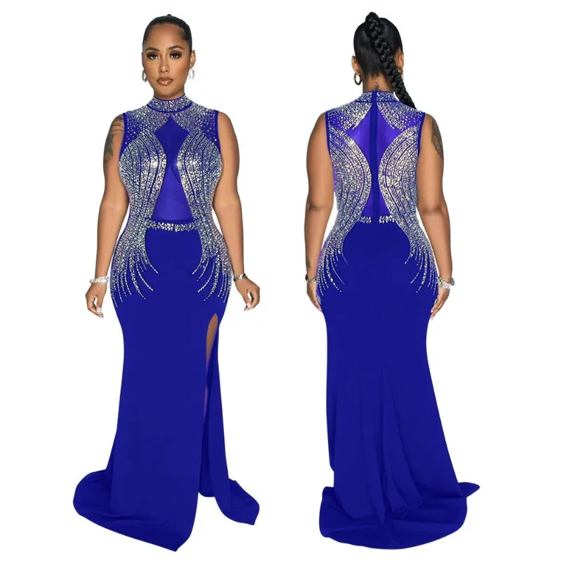Round-Neck High-Slit Solid-Colour Hot Diamond Party Long Dress