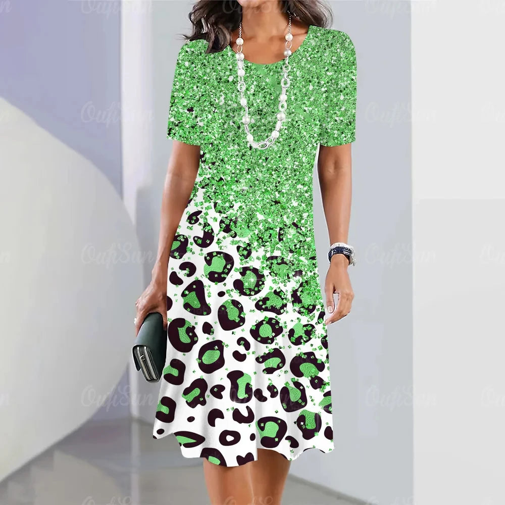 Leopard Print O-Neck Midi Dress