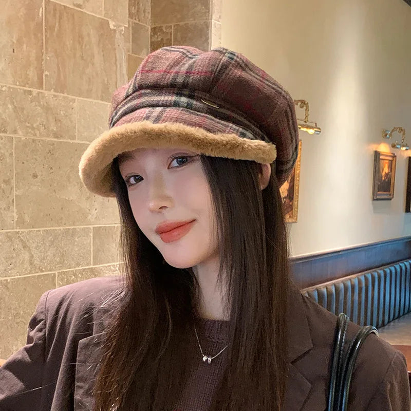 Vintage Plaid Plush Warm Octagonal Hat