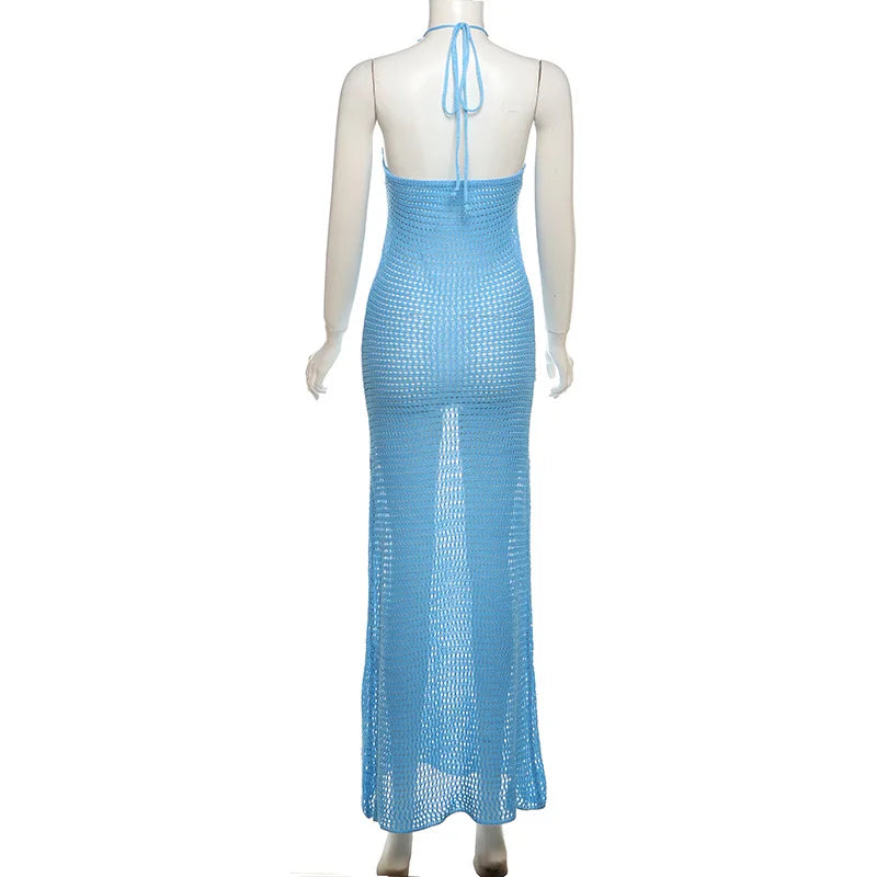 Women’s Beach Dresses Sexy Backless Knitted Long Dress Star Crochet Maxi Dresses 2024 Summer Women Beach Wear