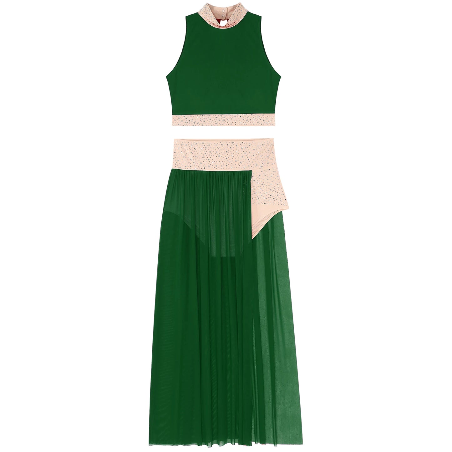 Women Lyrical Dance Costume Sleeveless Rhinestone Ballet Gymnastic Leotard Skirt with Crop Top Set Contemporary Dance Dress