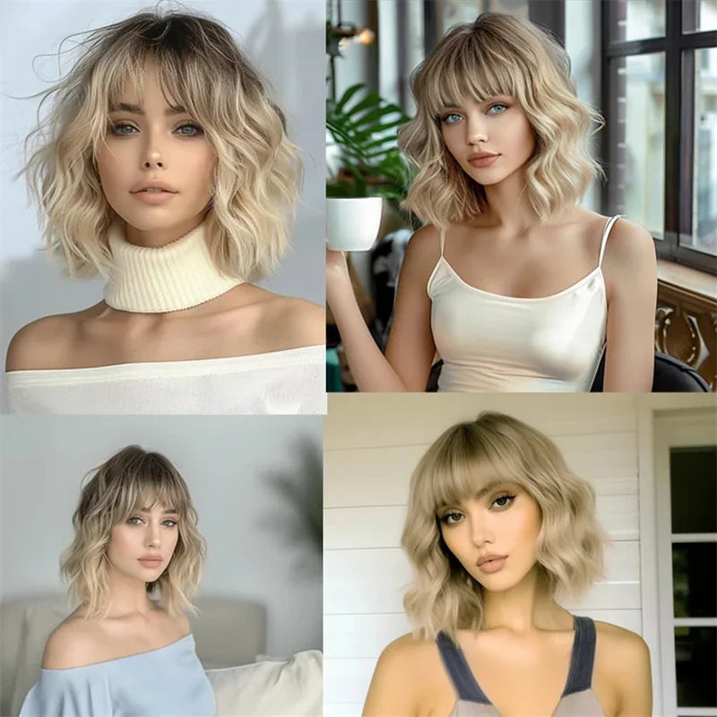 Blonde Human Hair Wig with Bangs Natural Women"s Wigs Ombre Golden Blonde Lace Front Wigs Glueless Wear and go Fringe Wigs Sale