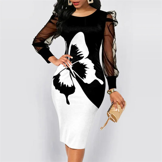 Print Bodycon Dress - Vintage Sexy V-Neck Lace Patchwork Slim Work Dress