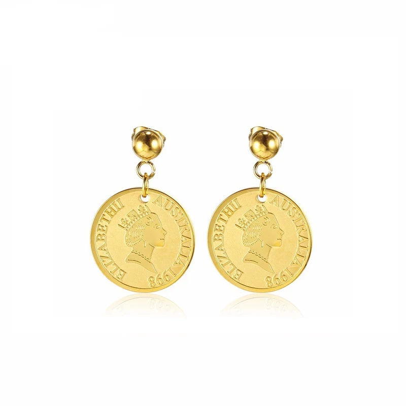 Stainless Steel Round Queen Elizabeth Gold Coin Hanging Earrings