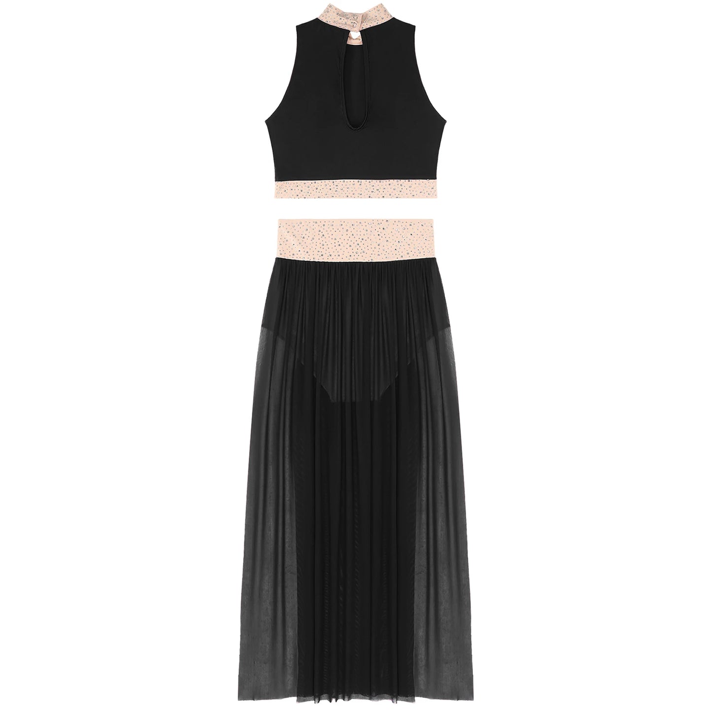 Women Lyrical Dance Costume Sleeveless Rhinestone Ballet Gymnastic Leotard Skirt with Crop Top Set Contemporary Dance Dress