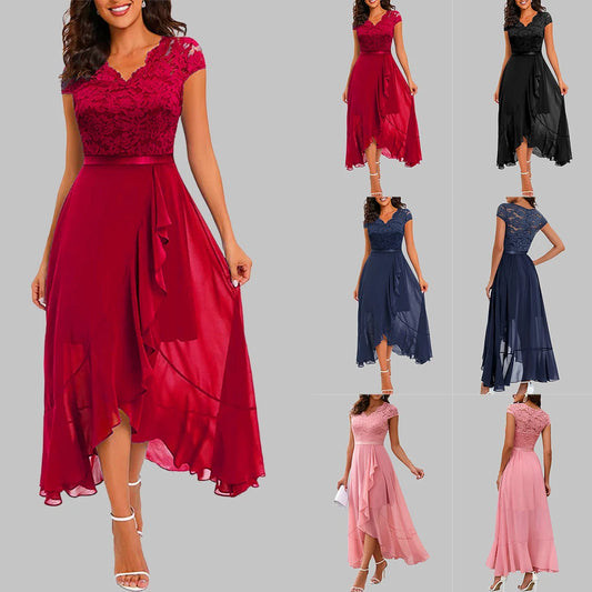 Asymmetrical Solid Lace V-Neck Midi Mesh Dress