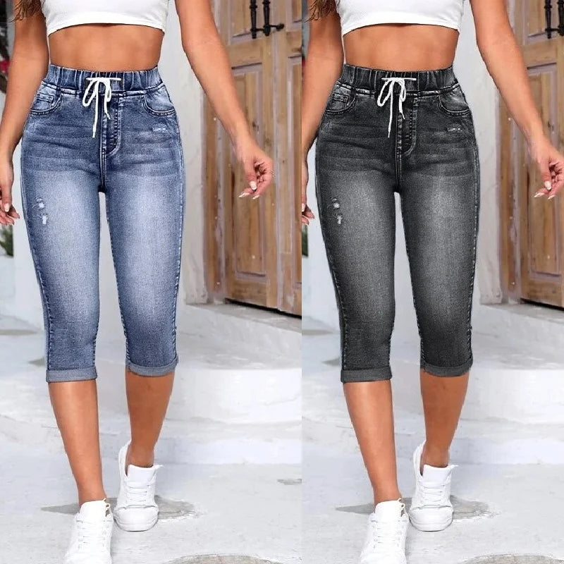 Drawtring High-Waist Stretch Knee-Length Ripped Short Jean Pants