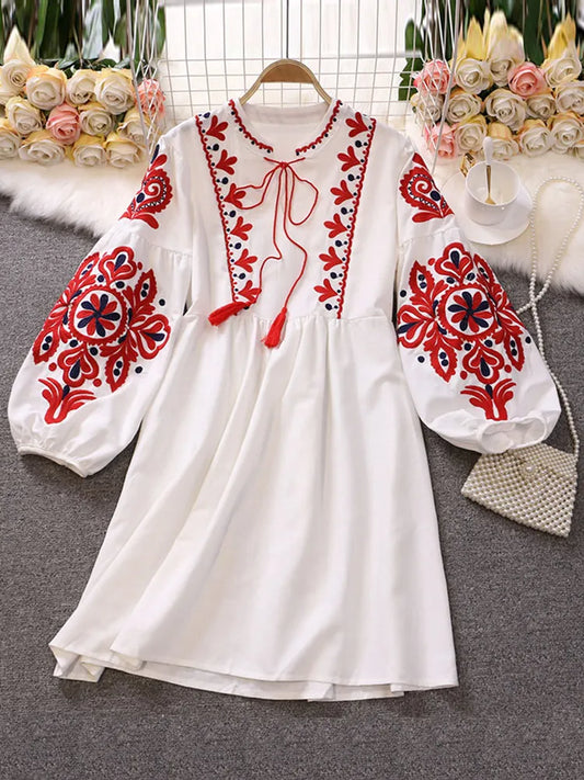 Retro Ethnic Embroidered Dress - Lantern Sleeves Bohemian Holiday Dress