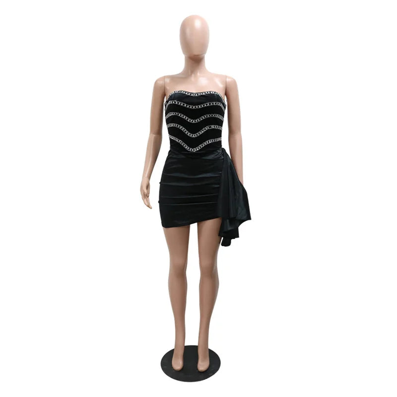 Irregular Strapless Bodycon Rhinestone Ruched Bandage Party Mini Dress