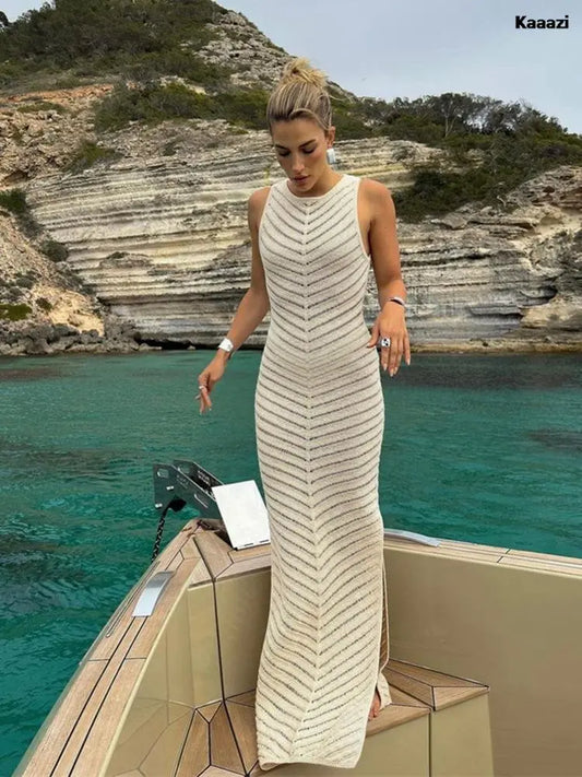 Double-Split Mesh Knitted Round-Neck Sleeveless Vest Dress