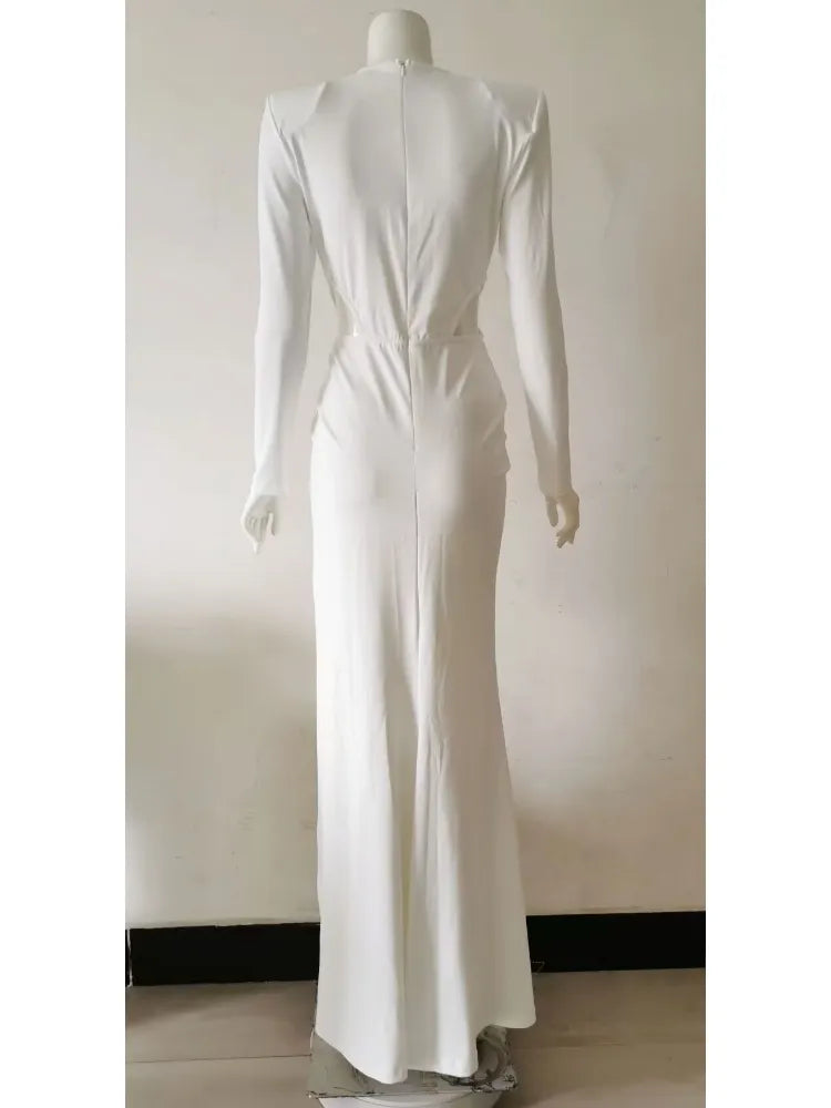 Long-Sleeve V-Neck Pleated Evening Dress