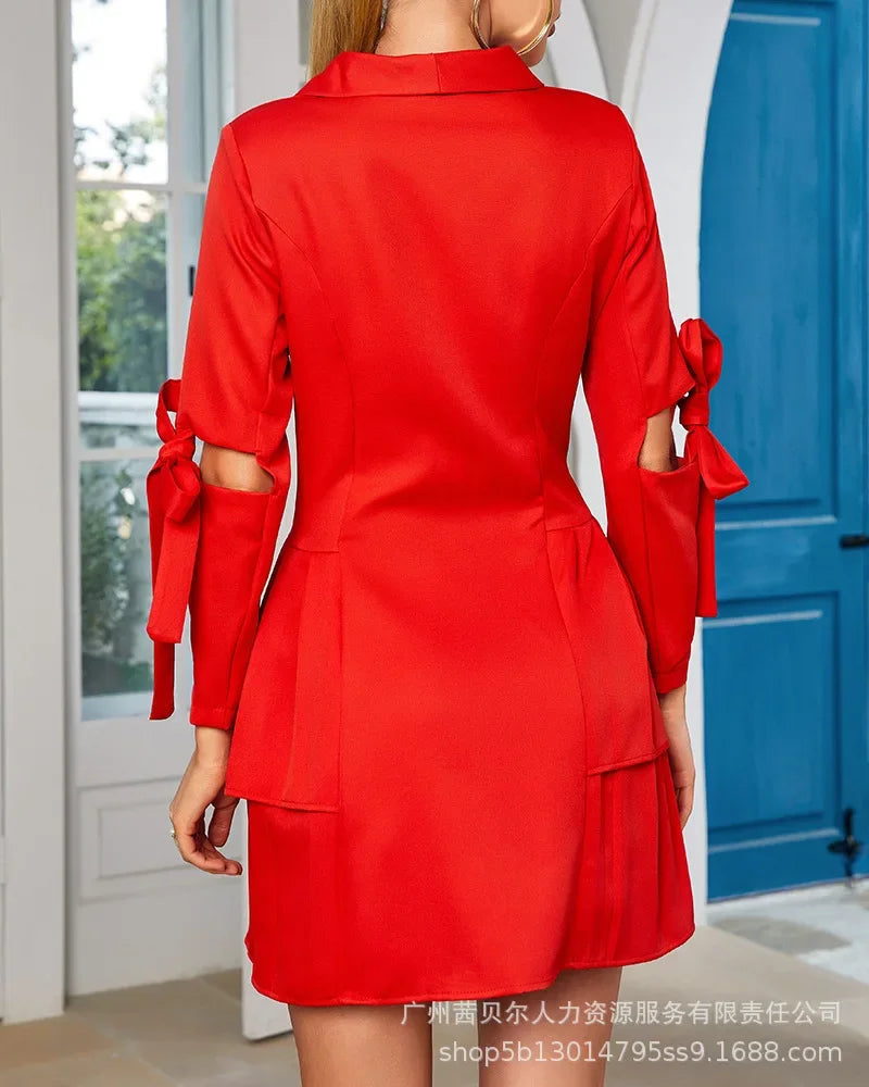 Pleated Lace Lapel Blazer Dress