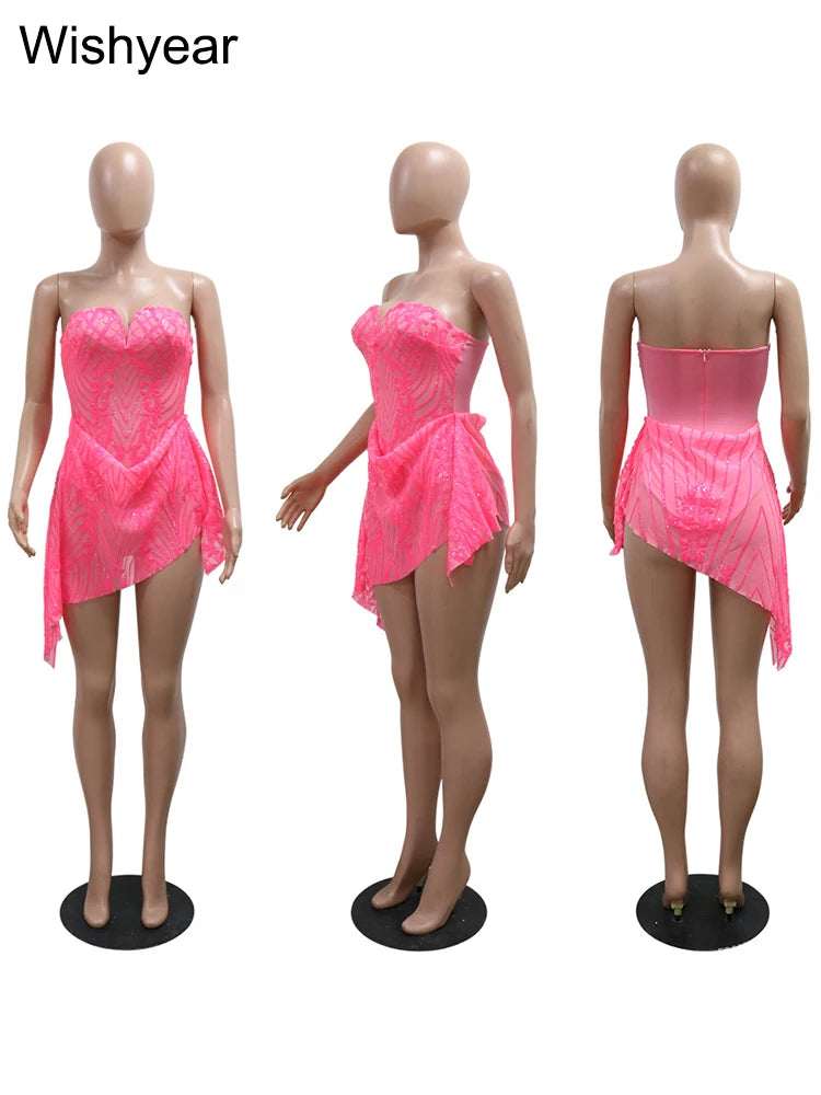 Luxury Sequins Strapless Irregular Bodycon Mini Dress