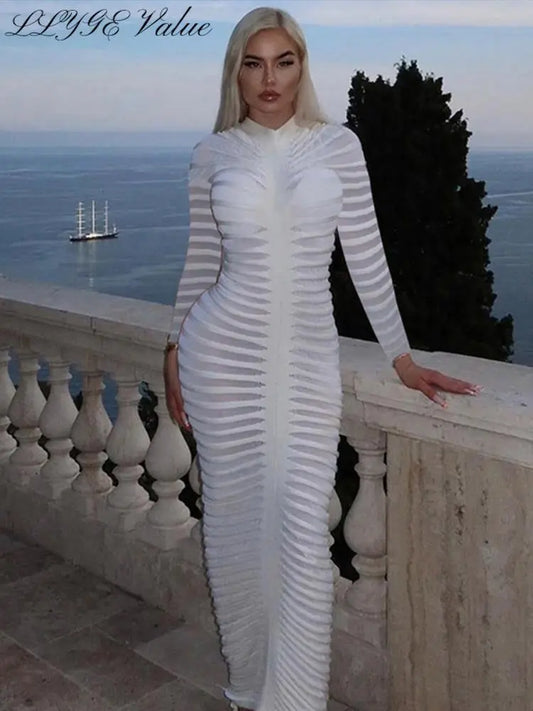 Sexy Knitted Long-Sleeve  Hip Package Slim Midi Elegant Dress