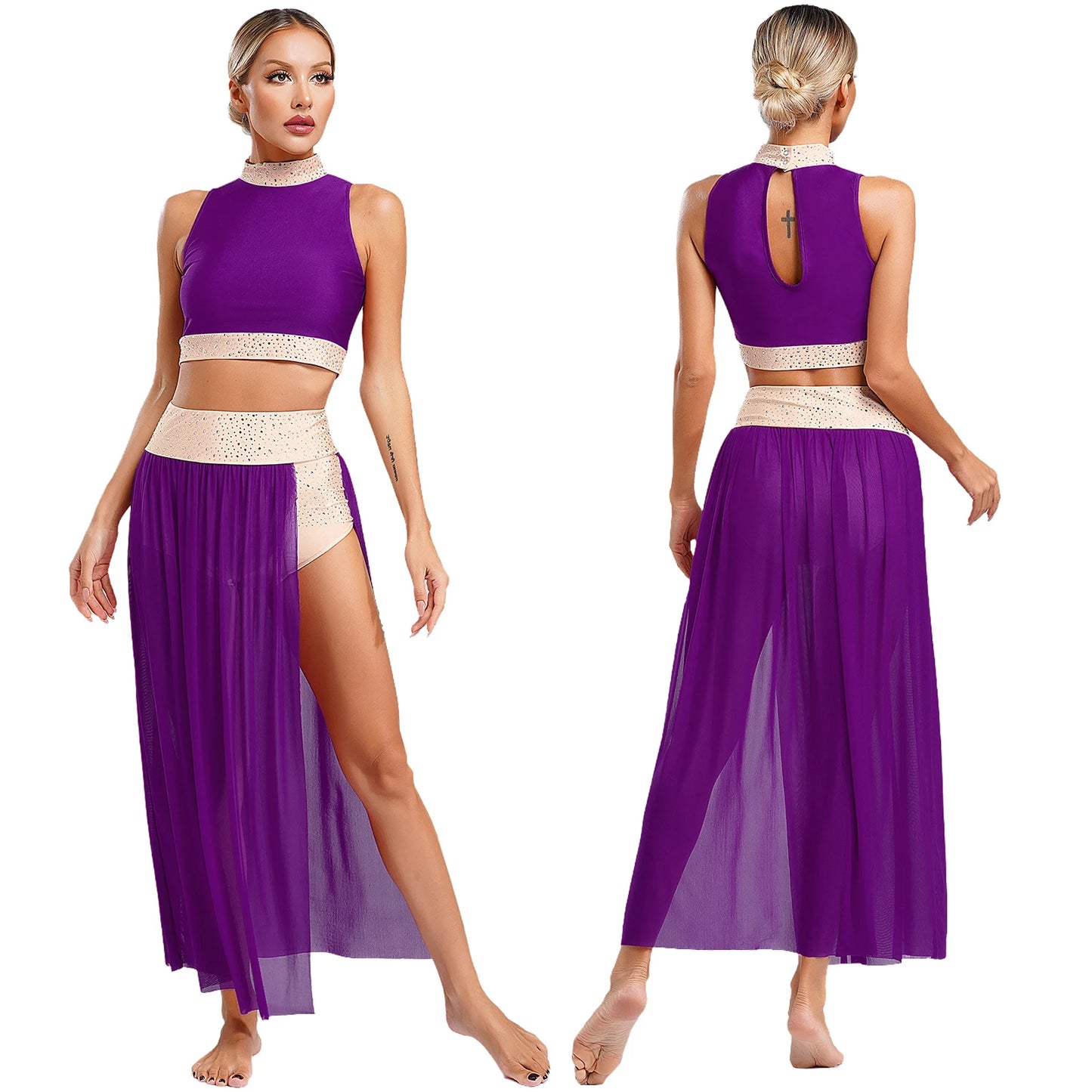 Women Lyrical Dance Costume Sleeveless Rhinestone Ballet Gymnastic Leotard Skirt with Crop Top Set Contemporary Dance Dress