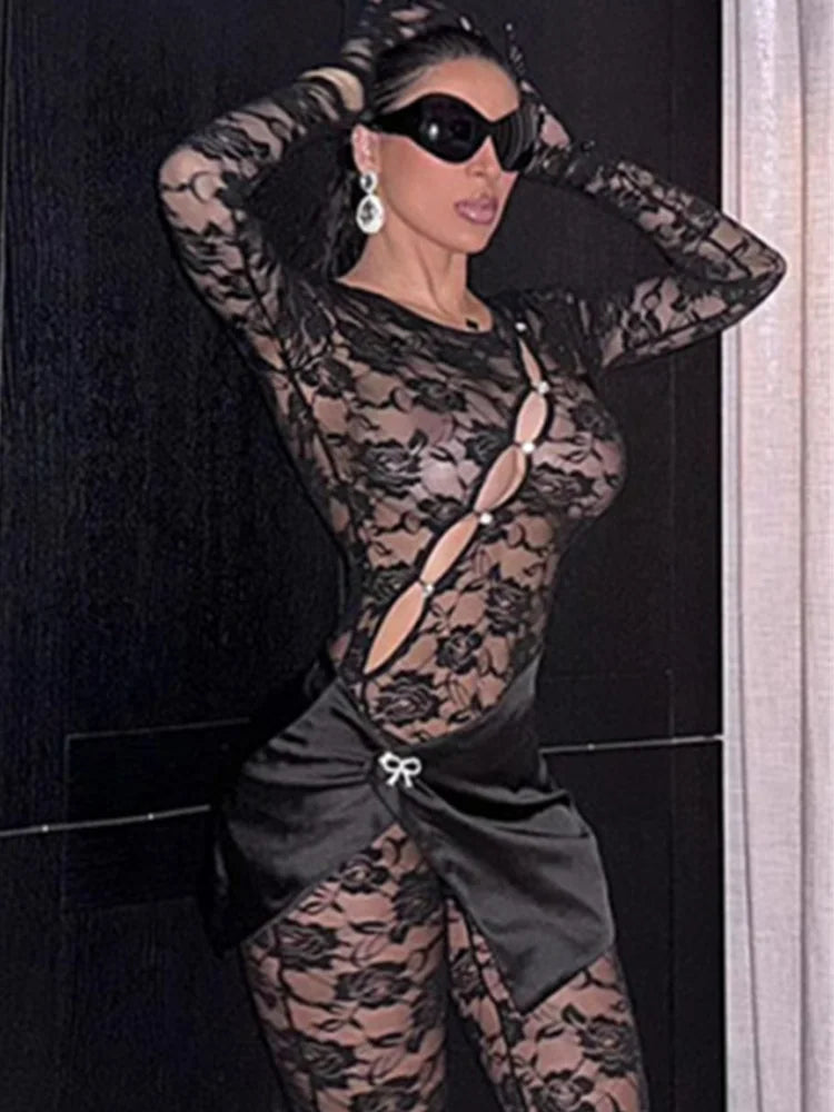Nibber Lace Hollow Jumpsuits Women Long Sleeve Gloves Bow Metal Trim Button See Through Midnight Sexy Skinny Elasticity Outfits