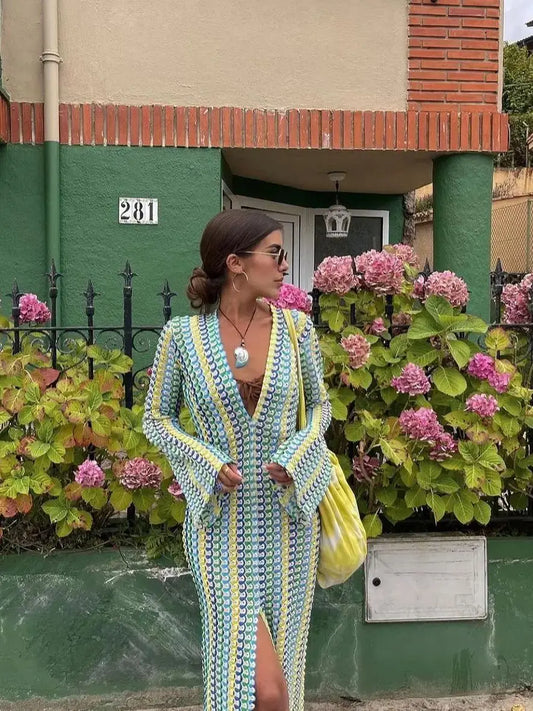 Crochet Colourful Stripe Maxi Women's Dress - Flare-Sleeve V-Neck High-Split Sexy Long Dress