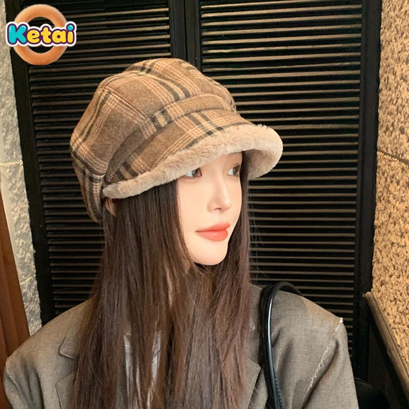 Vintage Plaid Plush Warm Octagonal Hat