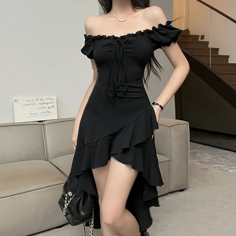 New Off-Shoulder Ruffle Irregular-Hem Dress