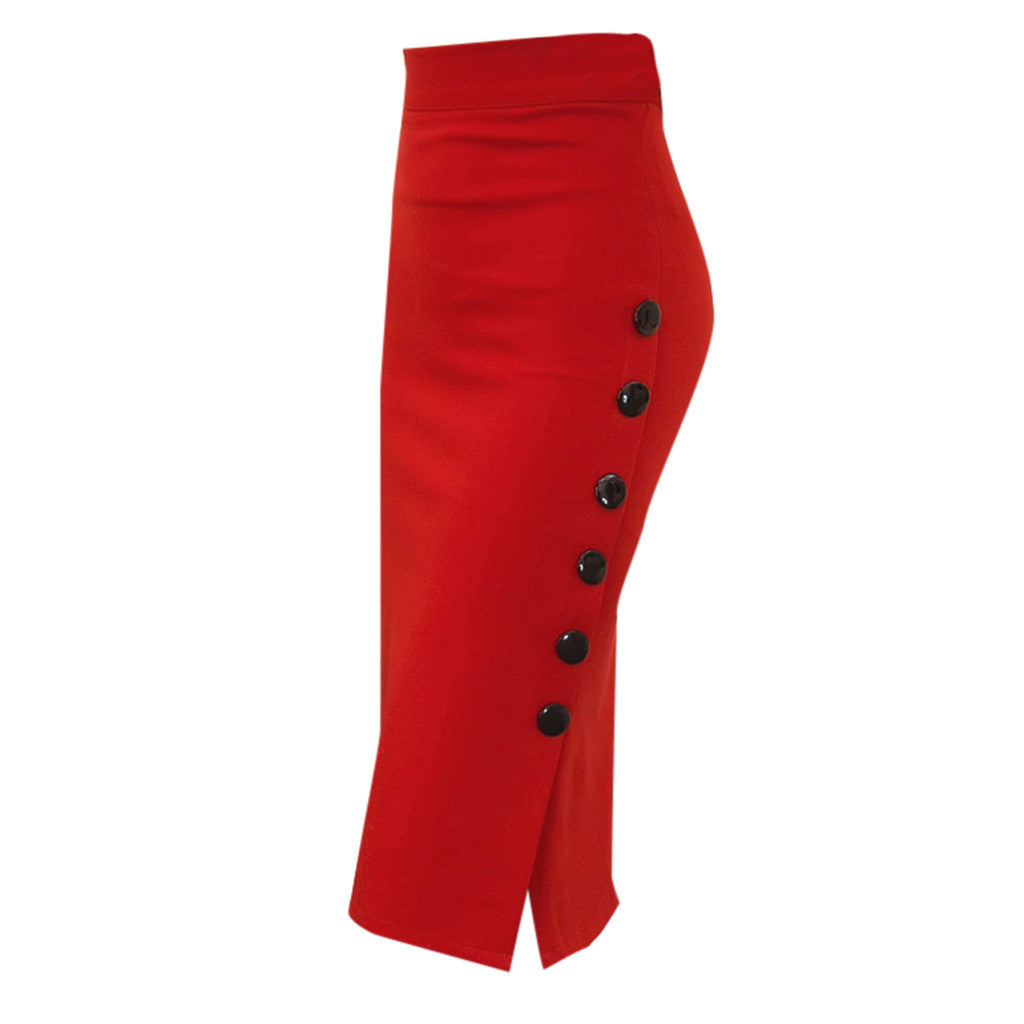 Elegant Women Vintage Office Lady Slim Skirts High Waist Buttons Slit Pencil Skirts Women Summer Sexy S-5XL Stretch Midi Skirts