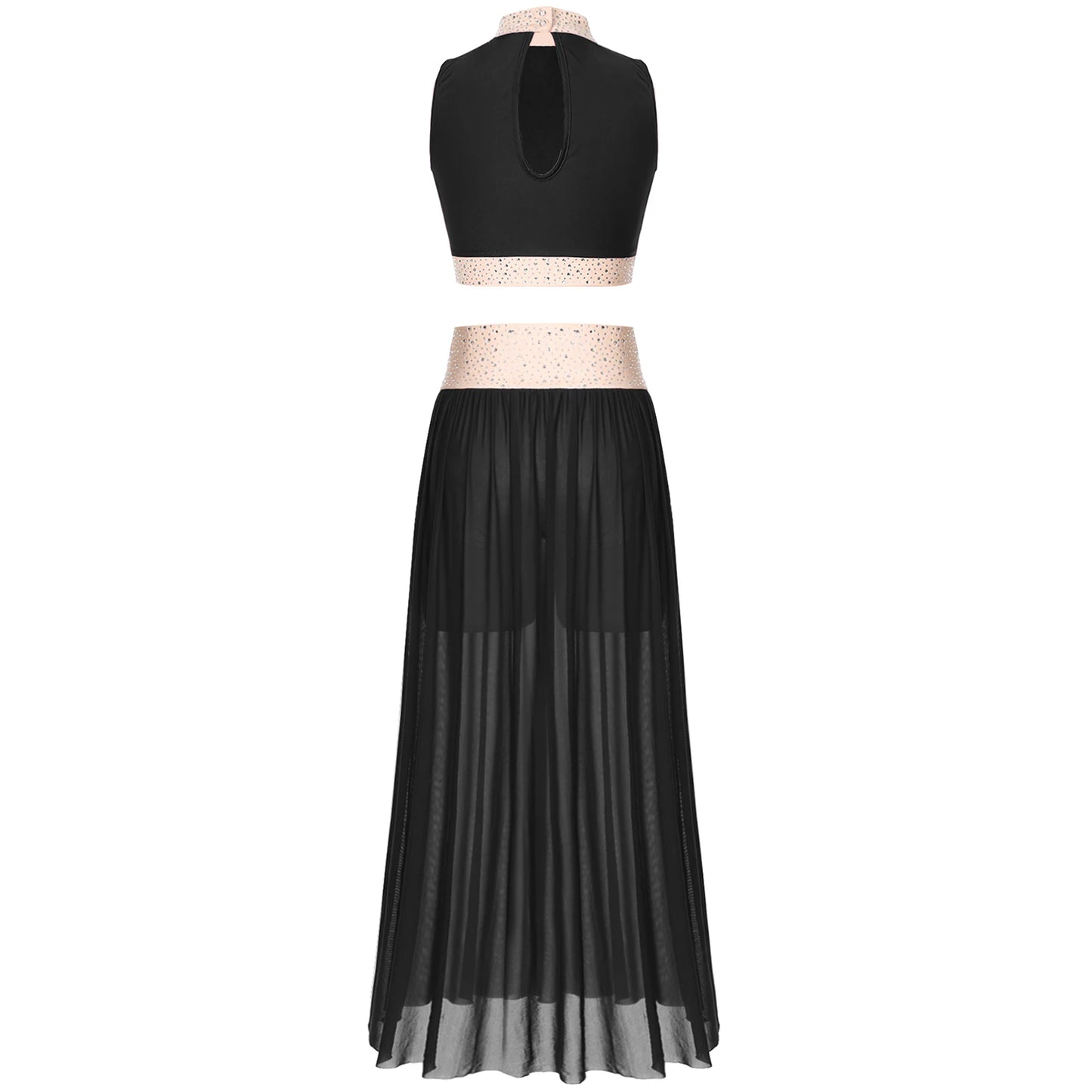 Women Lyrical Dance Costume Sleeveless Rhinestone Ballet Gymnastic Leotard Skirt with Crop Top Set Contemporary Dance Dress