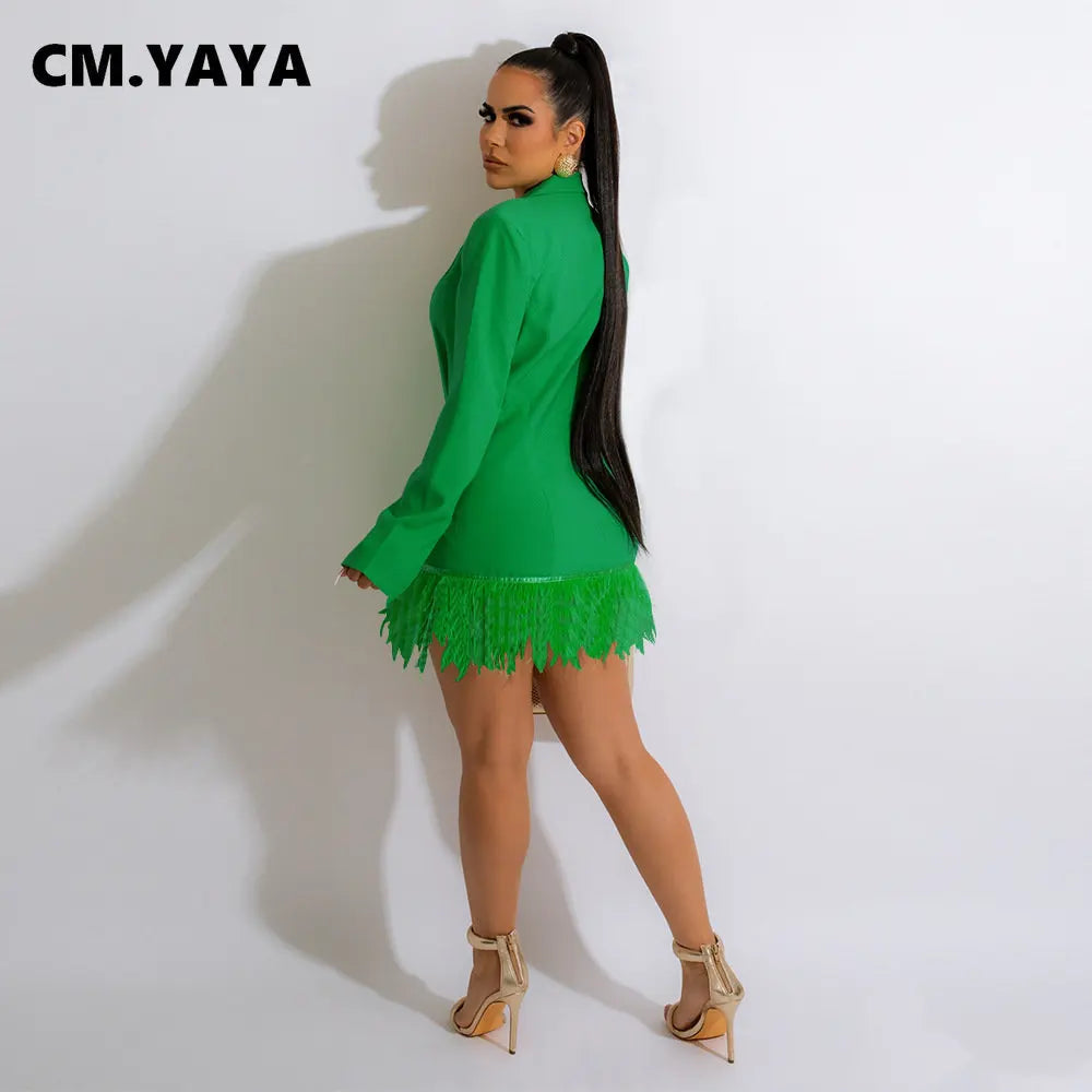 CM YAYA Elegant Long-Sleeve Notched Neck Feather Tassel Hem Blazer-Style Dress