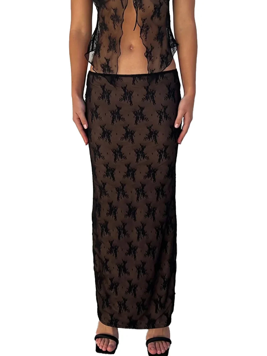 Strapless Drawstring Split-Hem Lace Outfit