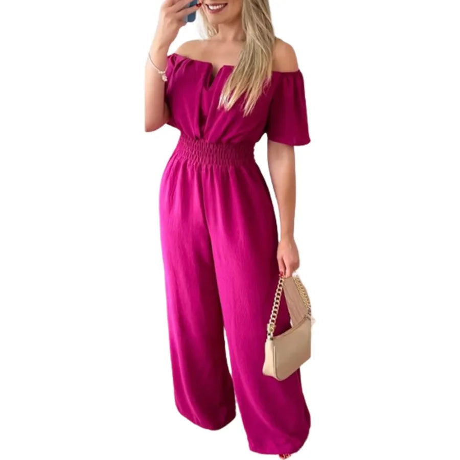 Off-Shoulder Shirred-Waist Wide-Leg Jumpsuit
