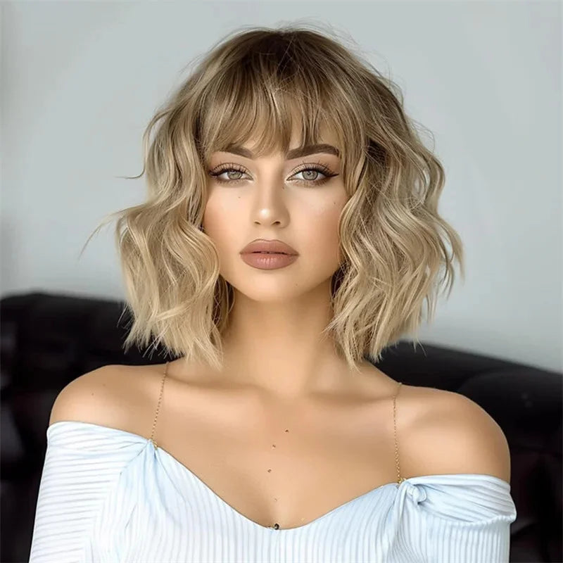 Blonde Human Hair Wig with Bangs Natural Women"s Wigs Ombre Golden Blonde Lace Front Wigs Glueless Wear and go Fringe Wigs Sale