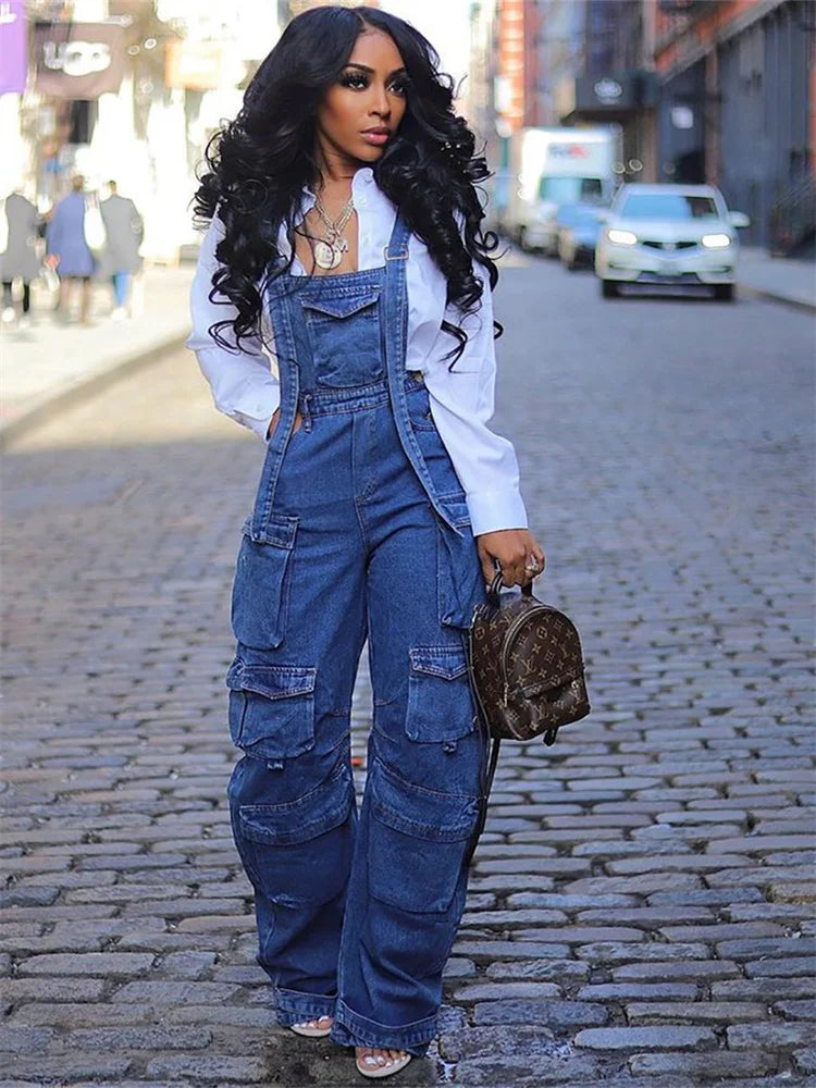 Sleeveless Wide-Leg Vintage Loose Denim Pocket Overalls