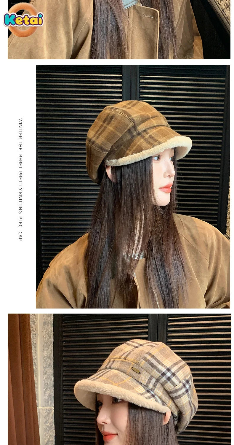 Vintage Plaid Plush Warm Octagonal Hat