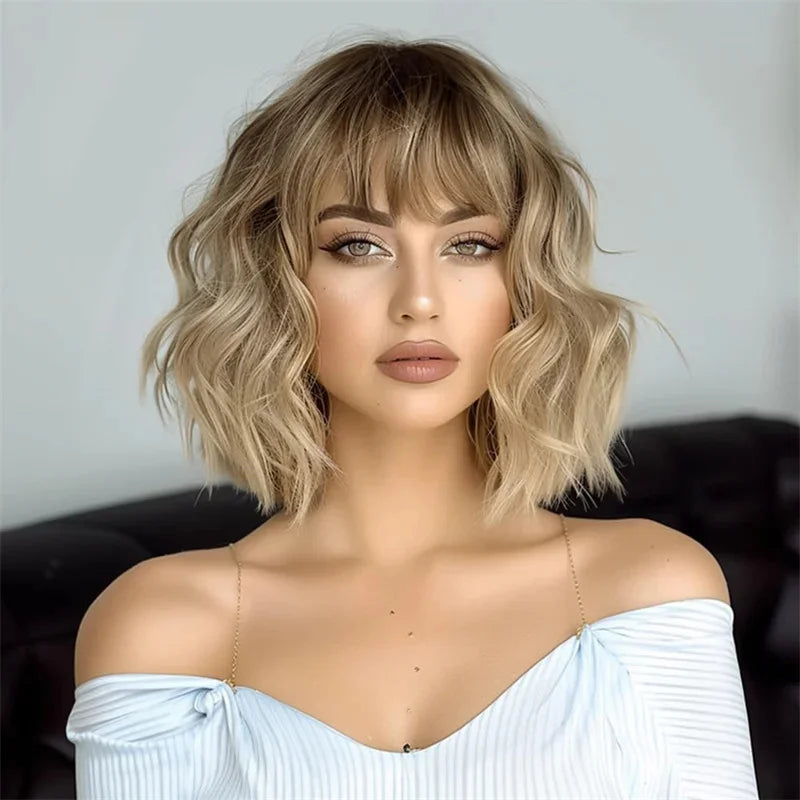 Blonde Human Hair Wig with Bangs Natural Women"s Wigs Ombre Golden Blonde Lace Front Wigs Glueless Wear and go Fringe Wigs Sale