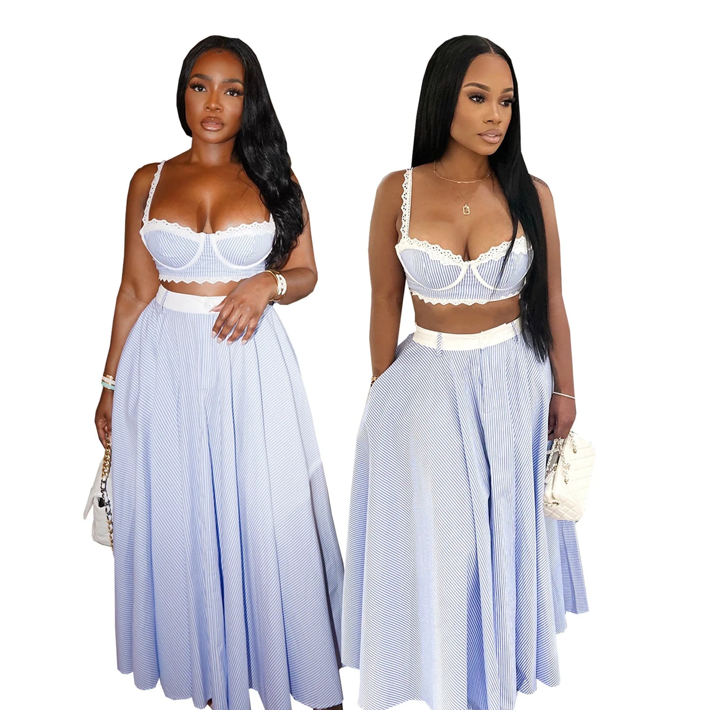 FAGADOER Elegant Lace Patchwork 2 Pieces Set for Woman Spaghetti Strap Stripes Camisole and Skirt Female Streetwear Vestidos New