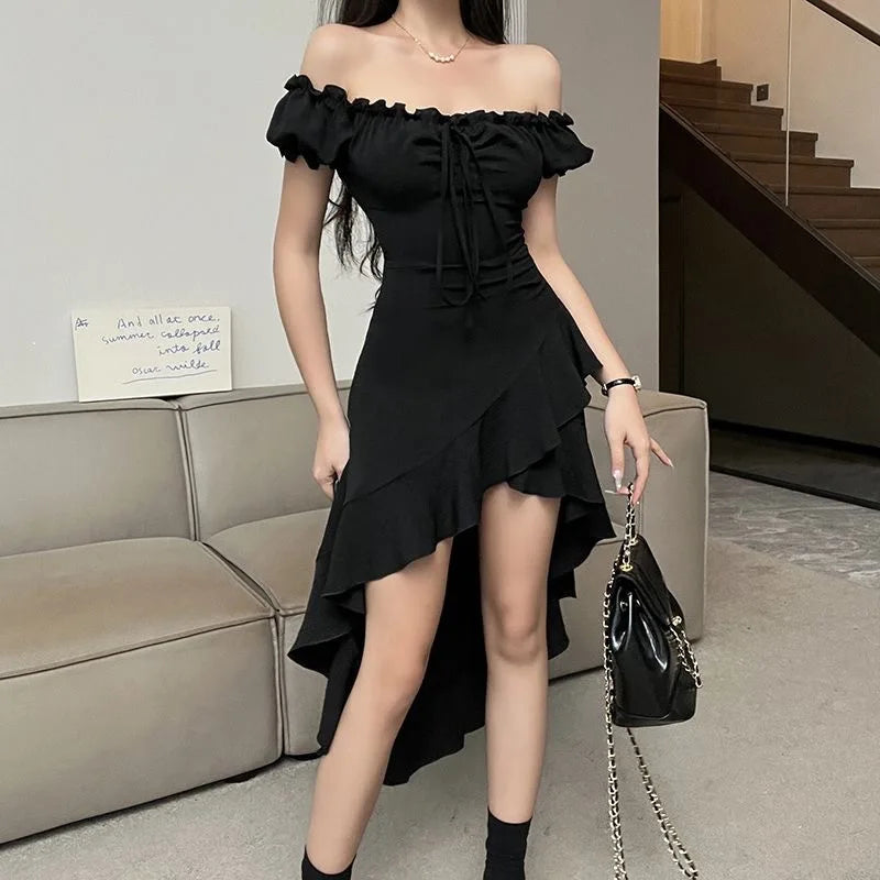 New Off-Shoulder Ruffle Irregular-Hem Dress